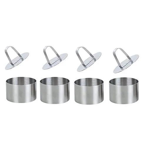 Dessertringe Edelstahl - 4 Ringe + 4 Pressen - Kranz-Backformen aus geschmacksneutralem Edelstahl, ideal zum professionellen Anrichten von Desserts und Beilagen. Spülmaschinenfest und vielseitig einsetzbar im Backofen und Gefrierfach.