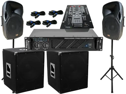 Pa Anlage DJ Set 38cm 2 Wege Boxen Stativ 38cm Subwoofer Mixer 3600W + Kabel