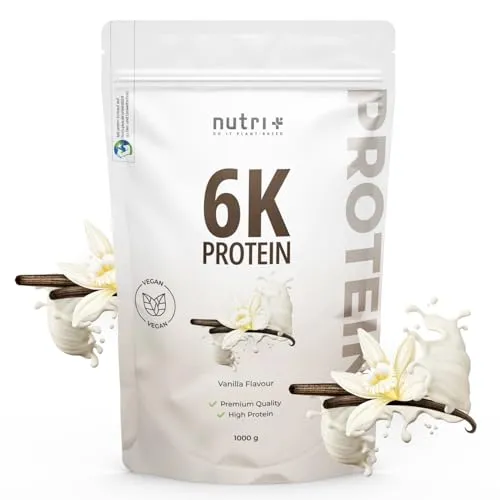 Nutri + Protein Pulver Vanille 1 kg - 80% Eiweiß - Mehrkomponenten Proteine: Hochwertiges Eiweißpulver mit über 80% Proteinen, perfekt für Muskelaufbau und vegetarische Ernährung, ohne Zucker und Laktose.