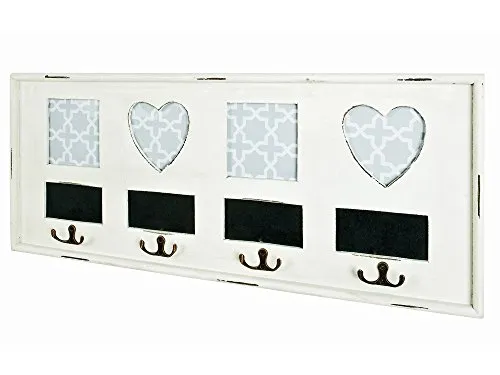 Haku-Möbel Kleiderhaken Emma 4 – Stilvolle Wandgarderobe mit 8 Haken - Wandgarderobe aus antik-weiß lackiertem Holz mit 8 Doppel-Haken und eingelassenem Bilderrahmen für persönliche Notizen. Ideal für Flur und Diele.