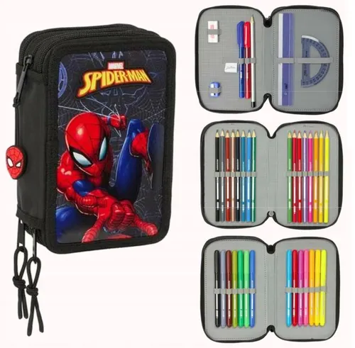 Safta Spiderman Attack Schulmäppchen mit 37 Utensilien - Federmäppchen für Kinder von 5 bis 14 Jahren, aus strapazierfähigem, recyceltem Polyester, ideal für Schule und Bastelarbeiten, inklusive 37 Utensilien.