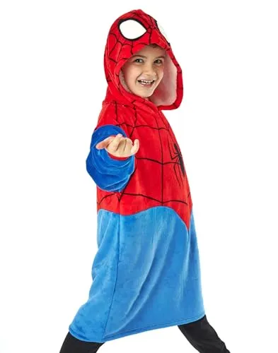 Marvel Spiderman Jungen Tragbare Decke Kapuzenpullover | Kinder Rot & Blau Kapuze Fleece | Superheld Spider-Man Anzug Kostüm Nachtwäsche | Movie Merchandise Geschenk für Kinder