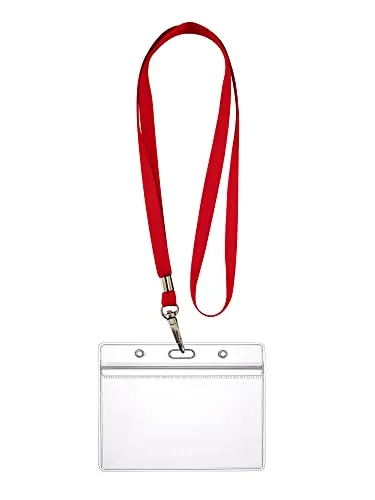 WEBBOMB Ausweishülle ZIP Kartenhalter flexibel horizontal wasserdicht für 1-2 Ausweise und Karten Namensschilder ID-Card Schutzhülle 0,80mm transparent + 360° Umhängeband Lanyard (Rot)