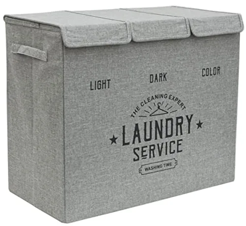 DuneDesign Wäschekorb 3 Fächer - 84L Wäschesammler Grau - Wäschekorb mit 3 Fächern für effizientes Sortieren von Hell, Dunkel und Bunt. Ideal für Badezimmer oder Schlafzimmer, platzsparend und robust mit tragbaren Griffen.