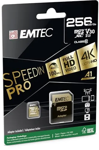 Emtec SpeedIN Pro 256 GB microSDXC - Speicherkarten mit U3 und UHS-I für schnelle Datenübertragung, ideal für 4K-Videos und anspruchsvolle Anwendungen.