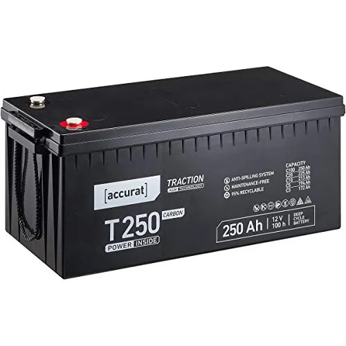 Accurat AGM Batterie T250-12V, 250Ah, zyklenfest, wartungsfrei - Traction Versorgungsbatterie, Carbon Blei Akku, Solarbatterie, Bootsbatterie für Wohnmobil, Wohnwagen, Camper, Bootsbatterie