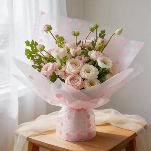 Stück Rosa Papier für Blumenstrauß Wasserdicht Blumenpapier mit Herzmuster TUIOLUI Blumen Geschenkpapier Blumenstrauss Papier Verpackung - 58x58 cm 20