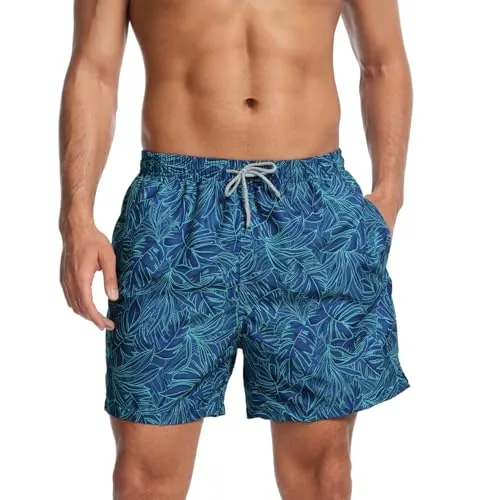 AMZSPORT Badehose Herren Wasserabweisend Badeshorts Schwimmhose mit Mesh-Futter und Taschen, Blau Blatt XL
