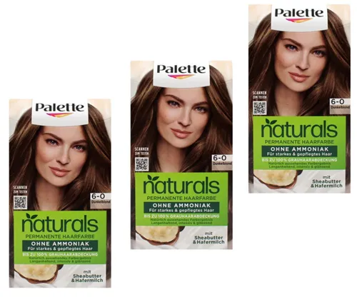 3x Palette Naturals Permanente Haarfarbe 6-0 Dunkelblond ohne Ammoniak 115ml
