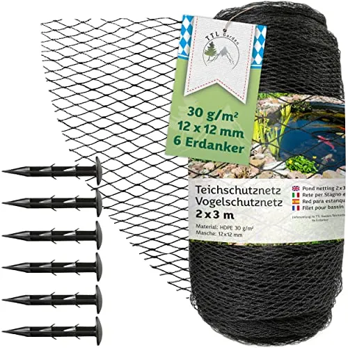 TTL Garden 2x3m Teichnetz Vogelschutznetz schwarz 30g/m² - 12x12mm engmaschig Starkes HDPE Poolnetz Obstbaumnetz Gartennetz, Vogelabwehr Netz, reißfest dehnbar robust mit 6 Bodenanker