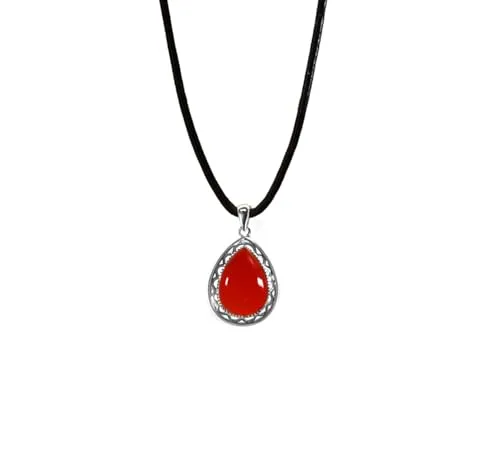 Edellis Halskette mit Tropfen Anhänger aus Naturstein und Ziegenleder versehen mit einem Verschluss aus Sterling Silber. (Roter Achat, 42 cm)