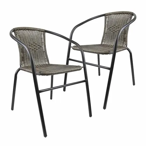 Nexos Trading Bistrostuhl Poly Rattan Stahl-Rahmen Stapelstuhl Balkonstuhl Gartenstuhl (Dunkelgrau, 2)