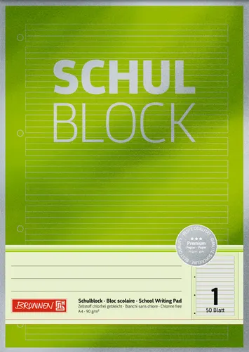 Schulblock Lineatur 1 BRUNNEN Premium Papier 90g/m², A4, 50 Blatt