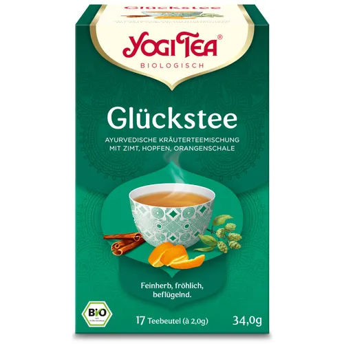 YogiTea Glückstee BIO Kräutertee, 17 Teebeutel - Aromatische ayurvedische Kräutermischung mit Zimt und Hopfen für entspannende Momente. 100% Bio-Qualität, ideal zum Aufgießen mit heißem Wasser.