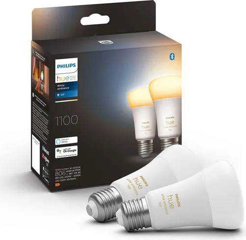 Philips Hue White Ambiance E27 LED Lampen 2-er Pack - dimmbare 1055 lm Leuchtmittel, 50.000 Weißtöne und smarte Steuerung über Sprache und App