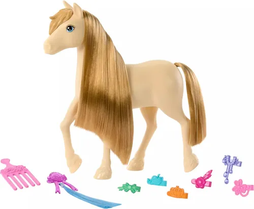 Barbie Pony Tornado + Zubehör HXJ29 - Anzieh- & Modepuppen: Das Pony Tornado mit extralanger Mähne und Styling-Zubehör fördert kreatives Spielen und Fantasie für Kinder ab 3 Jahren.