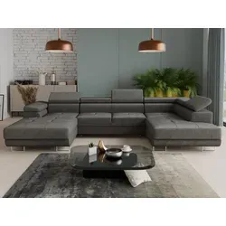 Wohnlandschaft Caris U mit Schlaffunktion - Ecksofa mit zwei Bettkästen und einstellbaren Kopfstützen, ideal für flexible Wohnlösungen. Schlaffläche 270x125 cm für Gästeübernachtungen.
