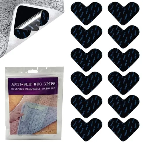 Kryzulax Antirutschmatte für Teppich,12 Stück Teppich Antirutschunterlage Teppichstopper,Herzförmige Rutschmatte für Teppich,Starke Klebrigkeit und Leicht zu Entfernen,Schwarz