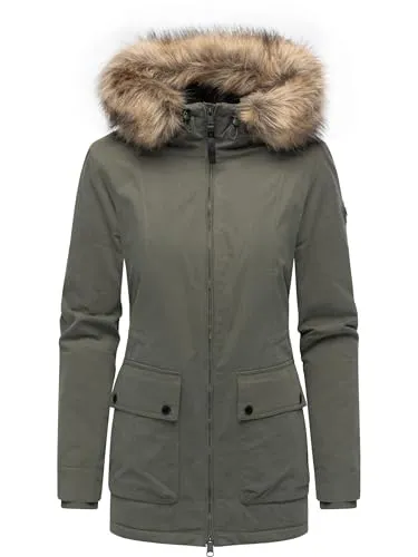 Ragwear Damen Langer Mantel Monadetta Warm YOUMODO Dark Olive Gr. S - Stylischer Urban-Mantel mit verstellbarer Kapuze und Kunstfell-Kragen. Robustes Material schützt vor Wind und Nässe, während das kuschelige Innenfutter für Komfort an kalten Tagen sorgt. Ideal für den Alltag und die Übergangszeit.