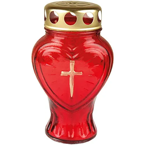 HS Candle Grablicht Glas in Herzform (Rot), Grabkerze mit ca. 30h Brenndauer