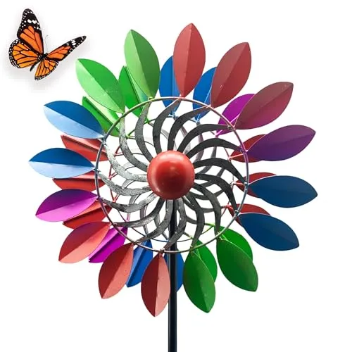 matches21 HOME & HOBBY Großes Windrad Metall 130 cm, wetterfeste Frühlings Garten-deko Blätterform - Bunte Windmühle