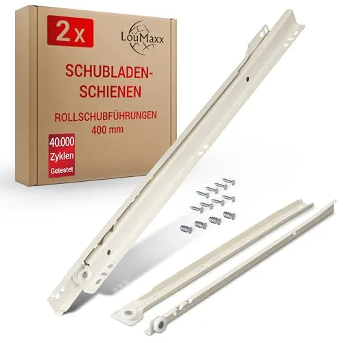 LouMaxx Rollschubführungen 400 mm | 2er Set (1 Paar) Schubladenschienen weiß | Schubladen Schienensystem mit Teilauszug | Leichtgängige Schienen Schublade in Cremeweiß