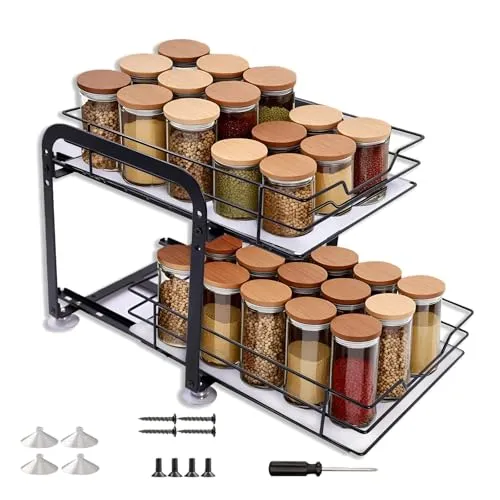 AmoreTempo 2 Etagen Gewürzregal Ausziehbar Höhenverstellbar Küchenschrank Organizer Schrank Küche Gewürzaufbewahrung Gewürzregal Stehend mit Rutschfeste PVC Einlage Saugnapf Befestigung(26,5x23x20cm)