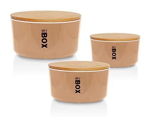 Lashuma Lebensmittelbehälter Set Beige - Puder, 3x Gebäckdosen mit Deckel aus Bambus - Praktisches 3er Set Vorratsdosen für Ordnung in der Küche! Ideal für Kekse, Chips oder Obst. Mit luftdichtem Bambusdeckel und modernem Design setzen diese Behälter stilvolle Akzente.