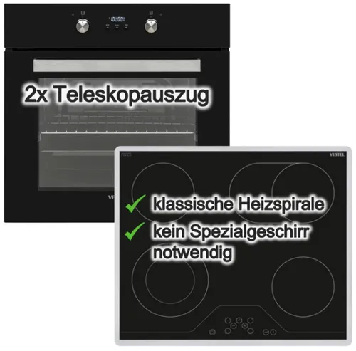 Herdset Vestel Backofen 2fach Teleskopauszug mit Glaskeramikkochfeld 60cm autark