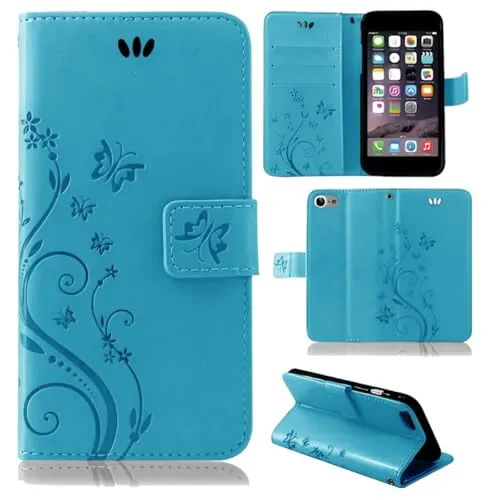 betterfon Hülle Kompatibel mit Apple iPhone 8 | Premium PU Leder Handyhülle Wallet Case für iPhone 8 | Schutzhülle Blumen Klapphülle Handyhülle | Blau