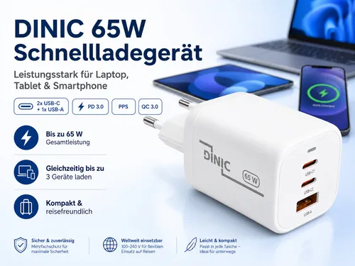 DINIC USB-C Ladegerät 65W PD 3.0 PPS Schnellladegerät 2x USB-C USB-A Netzteil