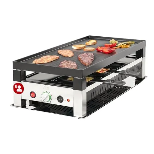 Solis Raclette Tischgrill 4-in-1 mit Grillplatte & Crêpe-Funktion – 1200W Ober- & Unterhitze, Antihaft, 8 Pfännchen, Mini-Pizza & Raclette Genuss für Familie & Freunde