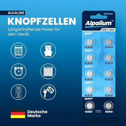 Alpalium AG10 LR54 Knopfzelle 10er Blister - 10er Blister mit langlebigen LR54 Alkaline Knopfzellen, ideal für Spielzeuge und zahlreiche Geräte.