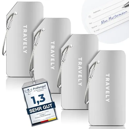Travely Premium Kofferanhänger - Koffer- & Taschenanhänger in bunten Farben für einfache Identifikation, robustes Aluminiumgehäuse und inkl. Datenschutz für sicheres Reisen.