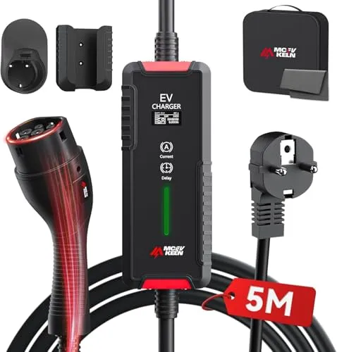MCEVKELN Typ 2 Ladekabel Schuko 3,6 kW - EV Ladegerät Typ 2 Schuko Umschaltbare Strom 6A/8A/10A/13A/16A| Einphasig |IP65 | 5M Mode 3 Ladekabel für Elektroautos & Hybrid IEC 62196-2 Steckdose