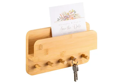 eluno Schlüsselbrett mit Ablage und 5 Schlüsselhaken - Schlüsselhaken aus Bambus mit 2-Wege-Montage: Kleben oder Bohren für mehr Ordnung und weniger Stress im Alltag. Nutzen Sie die Ablage für Dekoration oder wichtige Unterlagen.