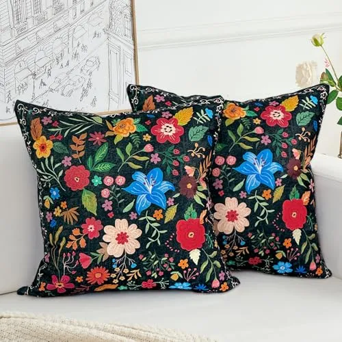 HZYKDWD Set mit 2 Kissenbezügen, 45 x 45 cm, Boho, floral, Vintage, dekorative Kissenbezüge, 45 x 45 cm, doppelseitig, bedruckt, für Haus, Sofa, Wohnzimmer, Schlafzimmer, Schwarz