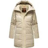 Navahoo Damen Winterjacke Lange Steppjacke mit Kapuze - Samtkätzchen Light Grey Gr. M - Funktionsjacke mit warmem Fleece-Innenfutter, wasser- und windabweisend, ideal für kalte Temperaturen und Outdooraktivitäten.