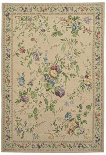 THEKO Teppich Flomi Sagrini - Rechteckig in Pastellfarben mit Blumen Design - Flachgewebe-Teppich mit eleganten Blumen in warmen Pastellfarben, ideal für ein behagliches Ambiente. Pflegeleicht und strapazierfähig, auch für Räume mit Fußbodenheizung geeignet.