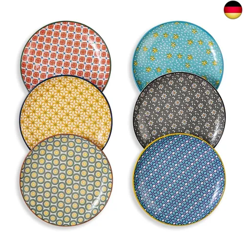 Dessertteller Porzellan Teller Bunt Frühstücksteller - Flache Salatteller Kuchenteller Bunte - Keramik 6 Stück Teller Set für Dessert | Salat | Frühstück - Mikrowellen und Spülmaschinenfest - 20 cm