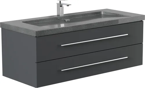Badmöbel Granit G654 YAMO 130 cm – Hochglanz Eleganz - Waschtisch mit 1 Hahnloch und SoftClose-System, vereint edles Design aus Granit und pflegeleichte Anti-Fingerprint-Oberfläche für ein stilvolles Badeerlebnis.