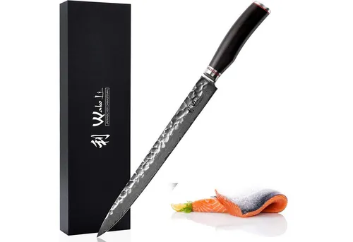 Wakoli Ebo Fleischmesser 30 cm - Damaststahl mit schwarzem Eichenholzgriff - Küchenmesser aus 67 Lagen Damaststahl, ideal zum Zerteilen von Fleisch und für hauchdünne Scheiben. Ergonomischer Griff für besten Komfort beim Schneiden.