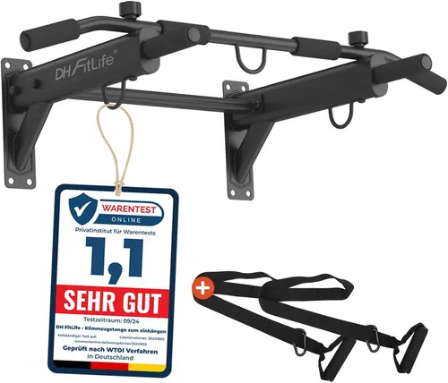DH FitLife Klimmzugstange zur Wandmontage 4in1 - Vielseitige Klimmzugstange für Zuhause, bis 200 kg belastbar. Mit 6 rutschfesten Griffen und 3 Ösen für Boxsack & Schlingentrainer. Stabil und sicher, ideal für effektives Training.