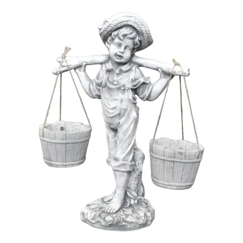 gartendekoparadies.de Junge mit Blumenampel, Steinfigur H. 60 cm, 20 kg, Grau, frostsicher aus Steinguss für Außenbereich