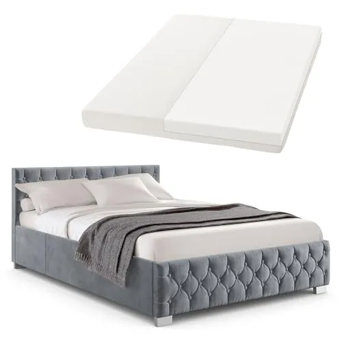 Juskys Polsterbett Nizza 140x200 cm mit LED Licht - Elegantes Polsterbett mit Stauraum und Samtbezug, inklusive Kaltschaummatratze für optimalen Schlafkomfort. Ideal für modernes Wohnen.