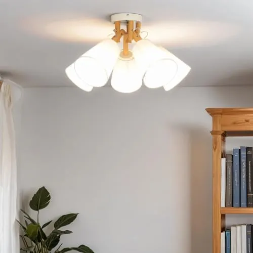 Skandinavische Deckenleuchte aus Holz und Stoff - Moderne Deckenlampe im skandinavischen Stil, ideal für Wohnzimmer und Schlafzimmer. Freie Wahl der E27-Leuchtmittel für individuelle Lichtgestaltung.