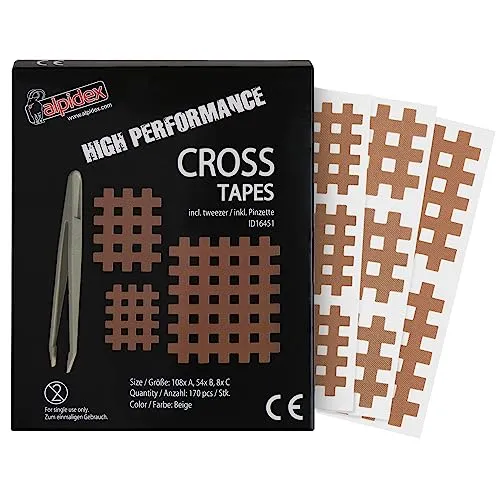 ALPIDEX Cross Tape 170 Stück - Größe A.B und C - beige - Gitter Tapes Gitterpflaster Pflaster mit antistatischer Pinzette Gittertape Wasserfest Starker Kleber Mixbox
