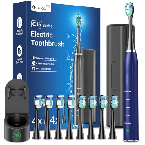 Elektrische Schallzahnbürste für Erwachsene mit Reiseetui & 8 Bürstenköpfen – 5 Putzmodi, 40000 VPM, blau