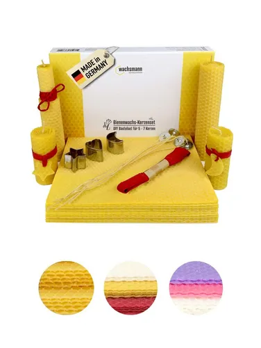 Wachsmann Bienenprodukte Bienenwachskerze zum selber machen - Wachskerzen DIY Komplettset aus 100% reinem Bienenwachs, inklusive Dochten, Ausstechformen und Raffiaband. Ideal für kreative Bastelprojekte zu besonderen Anlässen.