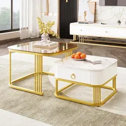 Couchtisch 2er-set Mdf Weiß In Marmoroptik Und Braunem Glas 60 Cm Mit Schublade
